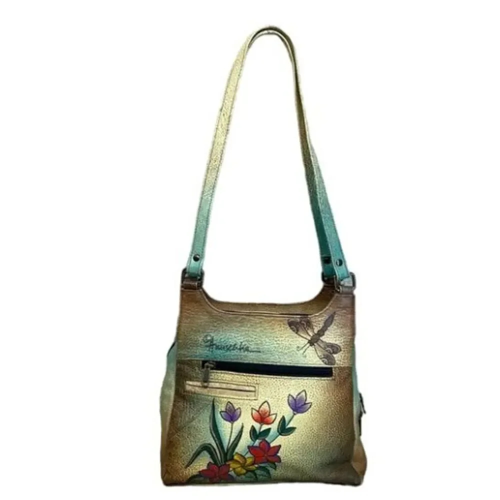 Anuschka‎ Handpainted Leather Floral Butterfly Medium Satchel Shoulder Bag Boho